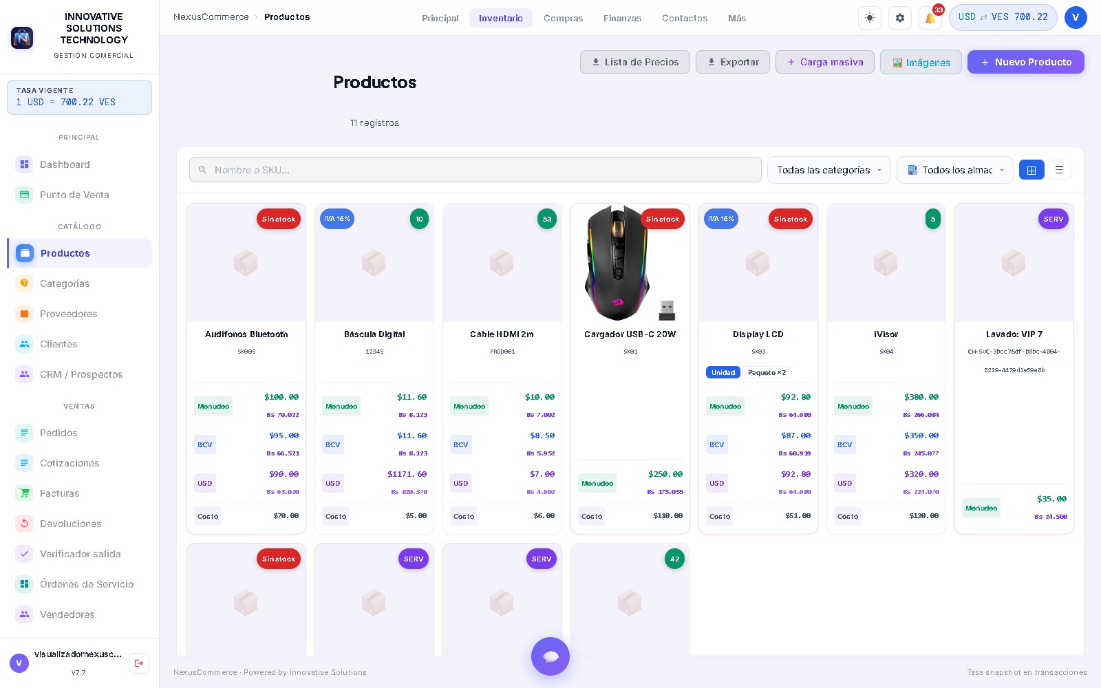 Catálogo de productos de NexusCommerce con precios multi-moneda y control de stock